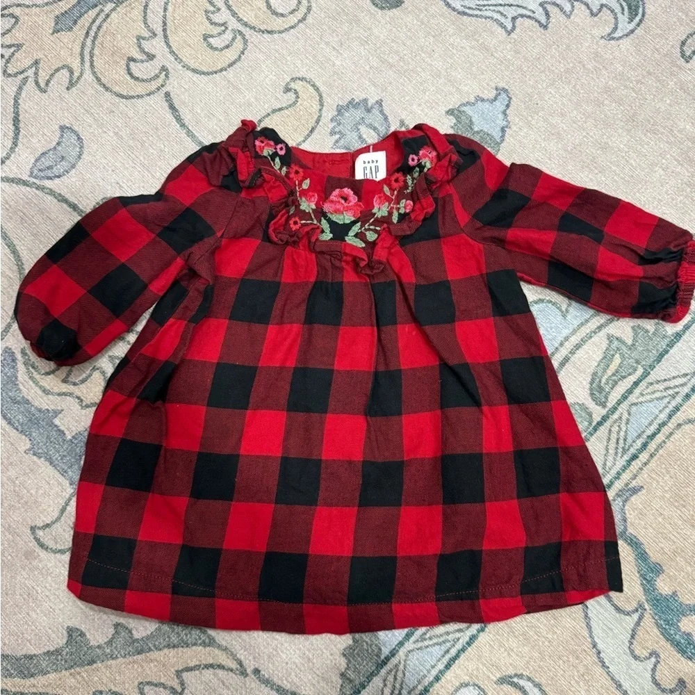 GAP Red and Black Tartan Plaid Dress with Floral Details